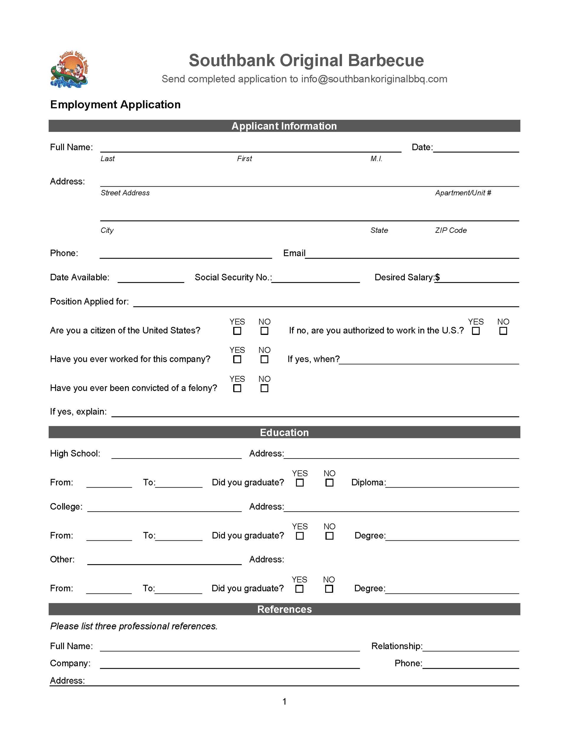 Southbank Original Barbecue, employment application